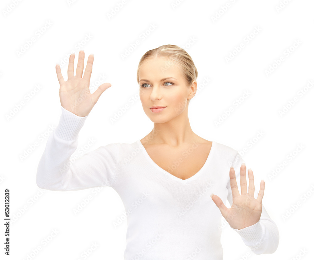 woman working with virtual screen woman working with virtual screen