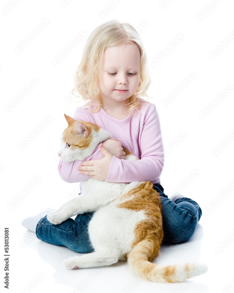 girl playing with cat. isolated on white background girl playing with cat. isolated on white background