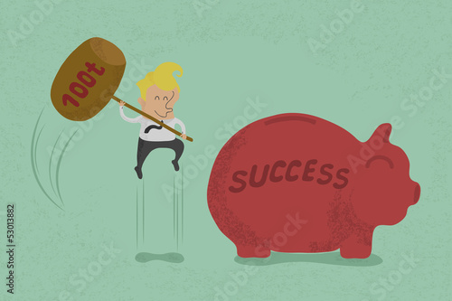Businessman with hammer about to smash piggy bank to success , e