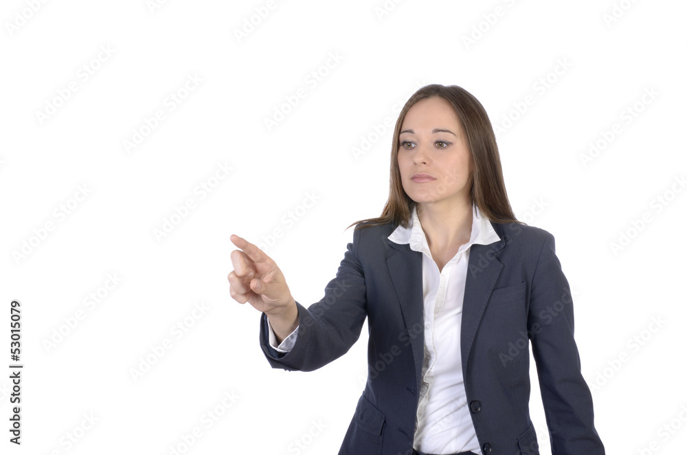 Hübsche Geschäftsfrau bedient virtuellen Touchscreen Hübsche Geschäftsfrau bedient virtuellen Touchscreen