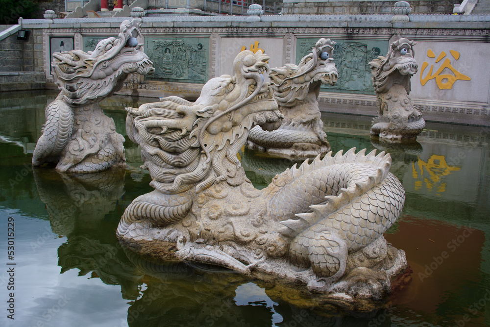 Mystical Dragons at Buddhist temple. Dali. China.