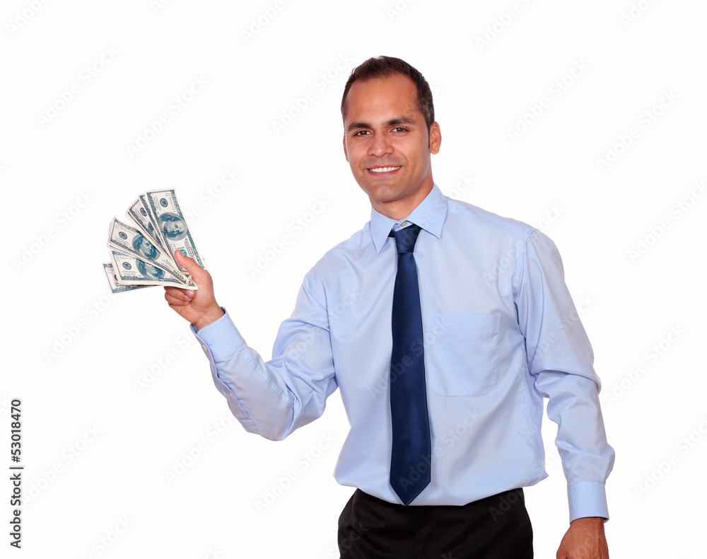 Attractive man looking at you holding cash money Attractive man looking at you holding cash money