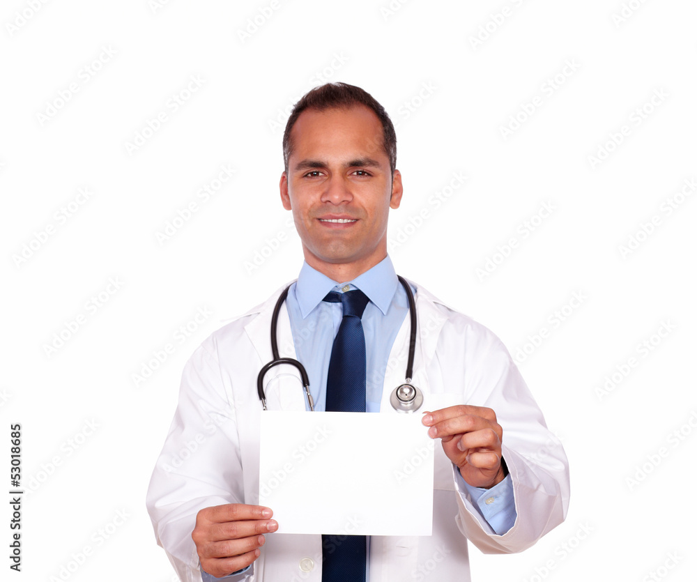 Professional medical doctor holding a white card Professional medical doctor holding a white card