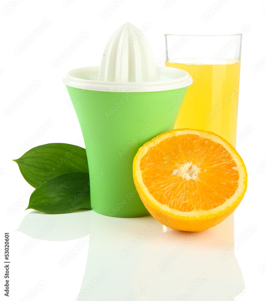 Fototapeta premium Citrus press, glass of juice and ripe oranges, isolated on