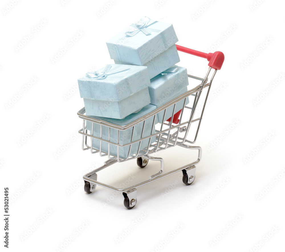 Shopping cart with cyan gift boxes