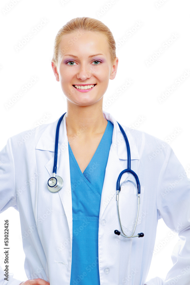 Closeup portrait of a female doctor with stethoscope Closeup portrait of a female doctor with stethoscope