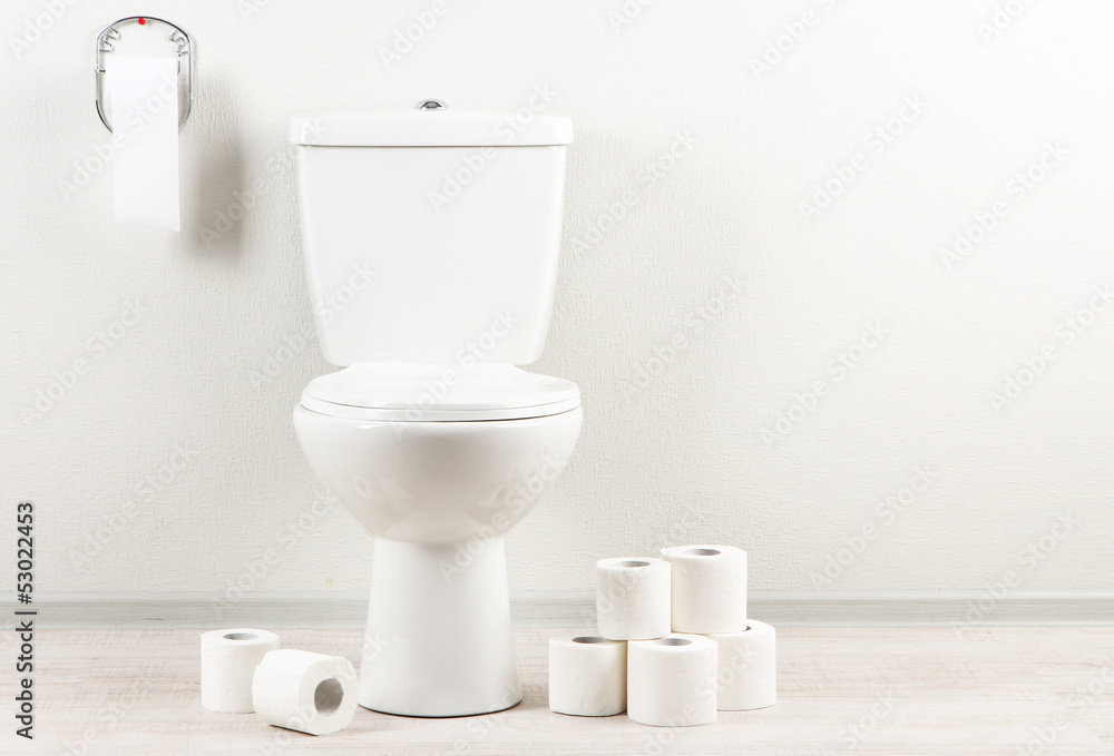 White toilet bowl with toilet paper in a bathroom White toilet bowl with toilet paper in a bathroom