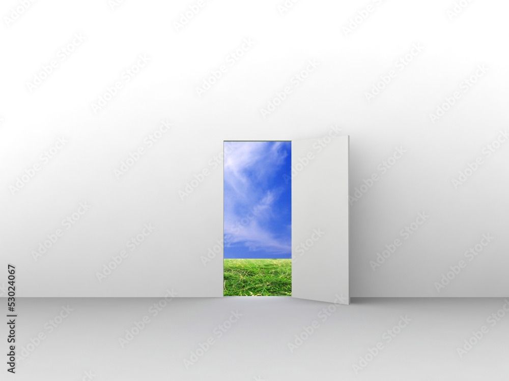 Exit with door to natural landscape. Concept - eco house. Exit with door to natural landscape. Concept - eco house.