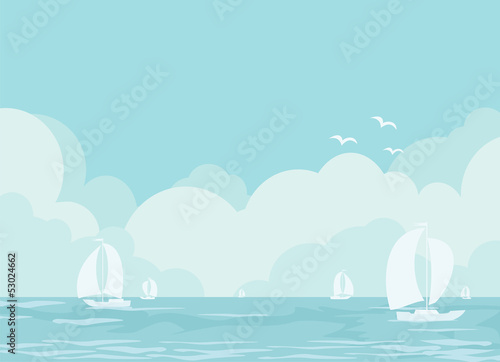 Sea landscape with yachts sail, clouds and seagulls