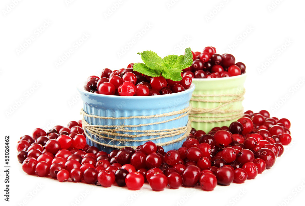 Ripe red cranberries in bowls, isolated on white. Ripe red cranberries in bowls, isolated on white.