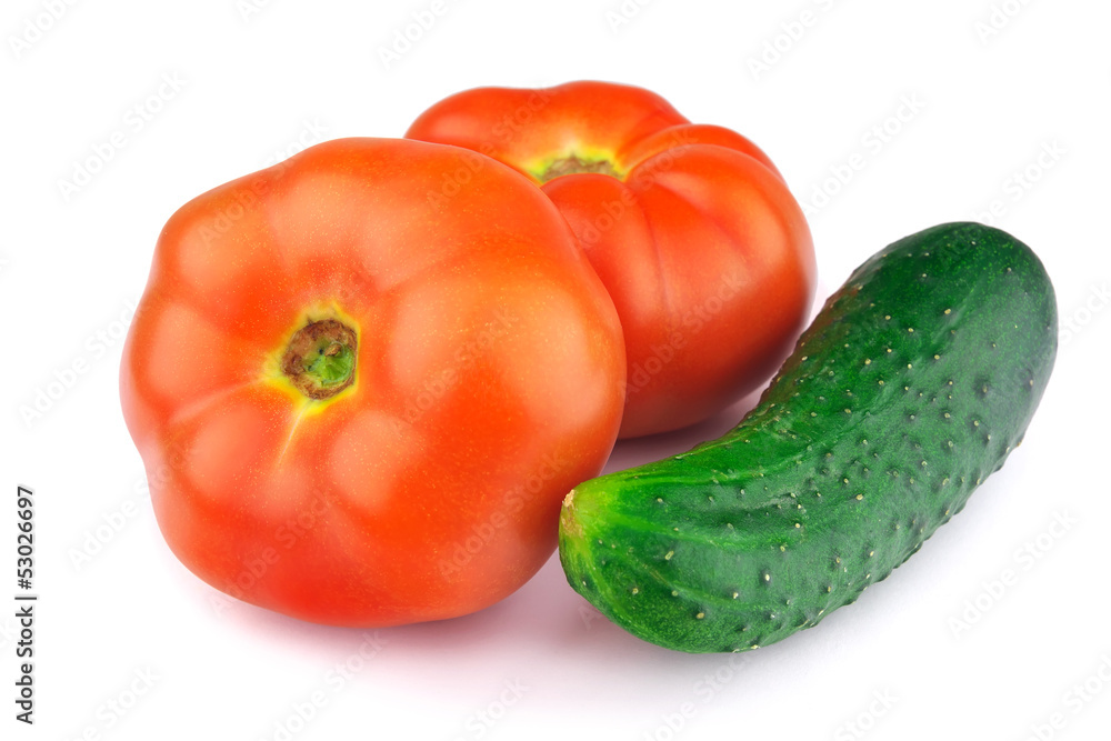 Red ripe tomatoes, cucumber, isolated on white background