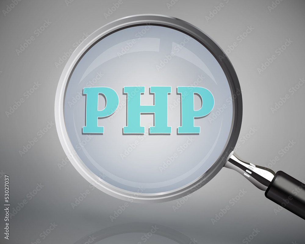 Magnifying glass showing php word Magnifying glass showing php word