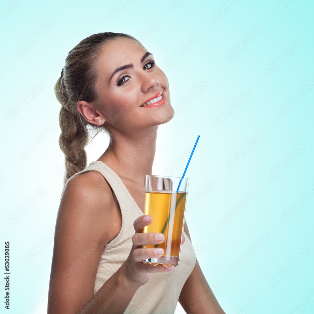 Happy Young Woman with apple juice Happy Young Woman with apple juice