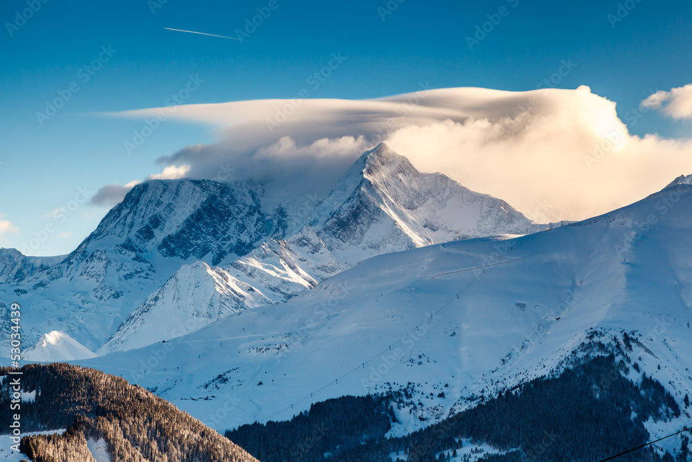 Mountain Peak and Ski Slope near Megeve in French Alps, France