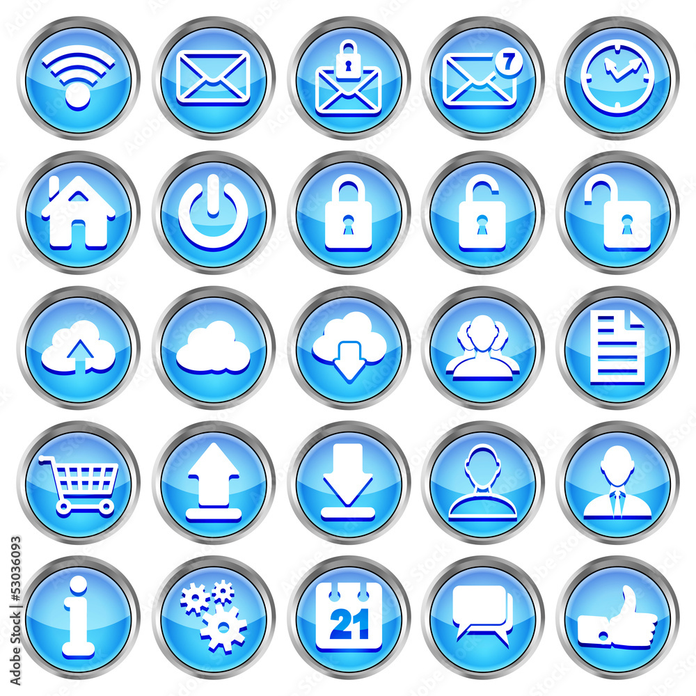 set of blue glossy web icons on a white background set of blue glossy web icons on a white background