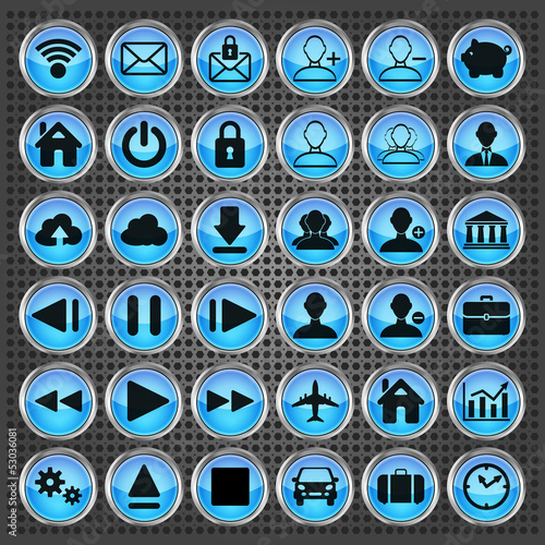 set of blue web, multimedia and business icons on a metallic bac