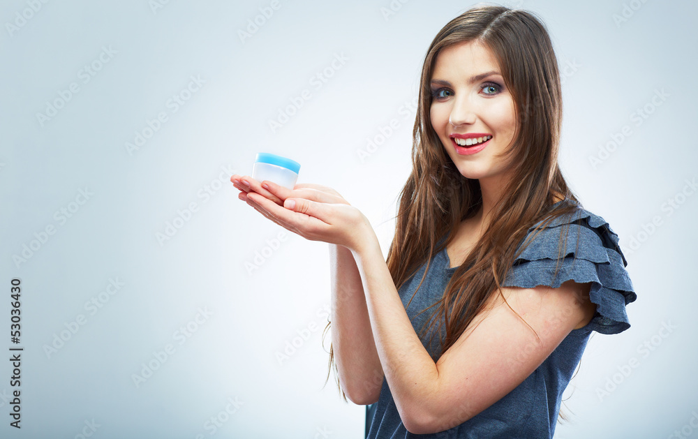Portrait of young smiling woman hold white paper ship. Female m Portrait of young smiling woman hold white paper ship. Female m