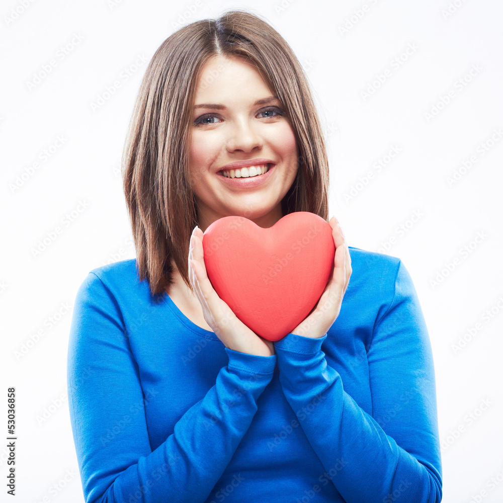 Smiling young woman hold red heart, Valentine day symbol. Girl Smiling young woman hold red heart, Valentine day symbol. Girl