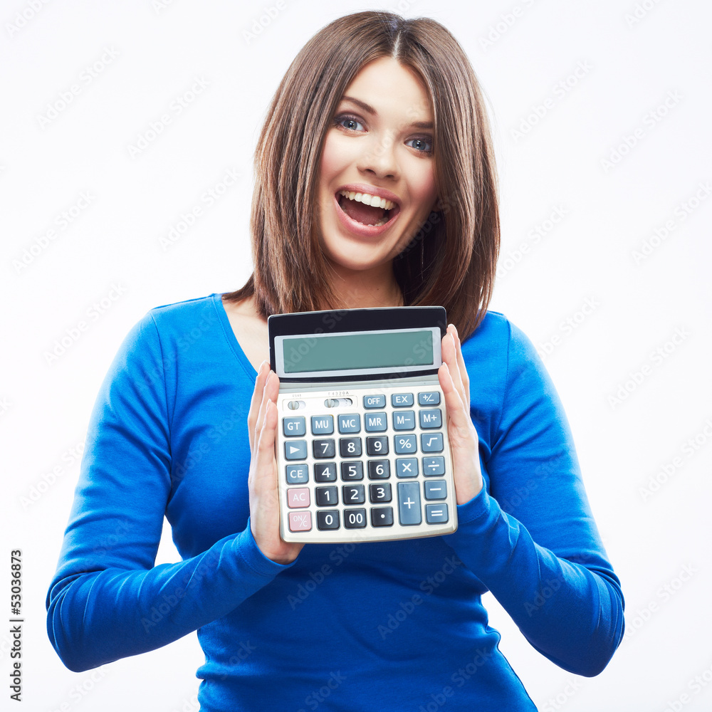 Young woman hold digital calculator. Female smiling model white