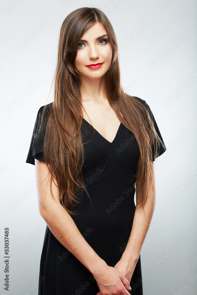 Woman fashion beauty portrait. Evening black dress. Woman fashion beauty portrait. Evening black dress.