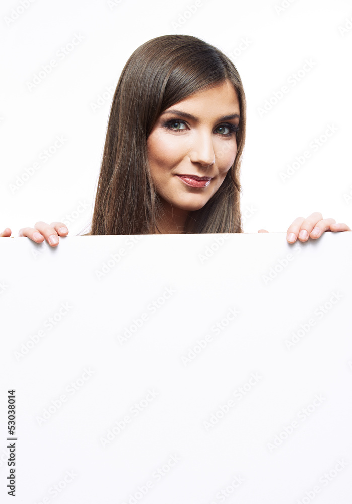 business woman face looks out advertising billboard business woman face looks out advertising billboard