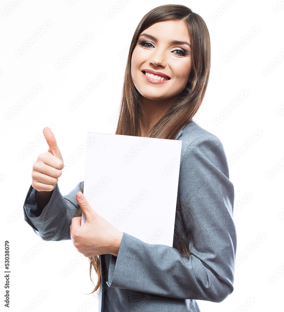 Smile Business woman portrait with blank white board on white is Smile Business woman portrait with blank white board on white is