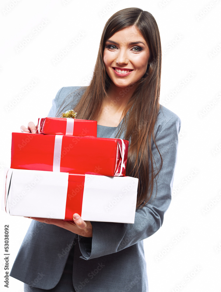 Business woman hold gift box. White background isolated Business woman hold gift box. White background isolated