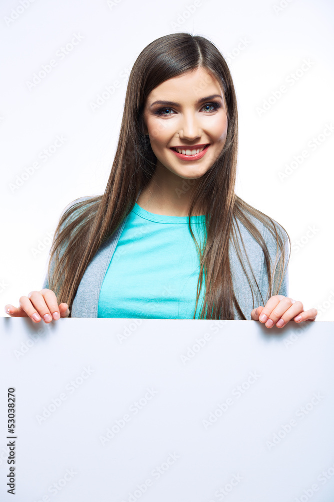 Teenager girl hold white blank paper. Teenager girl hold white blank paper.