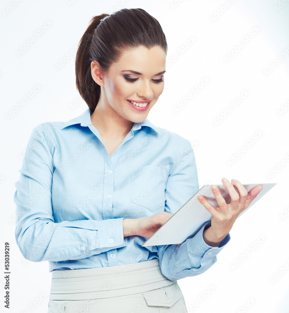 Woman hold white paper banner isolated over white background Woman hold white paper banner isolated over white background