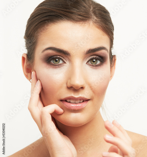  Isolated woman face on white background.