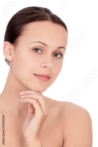 Beautiful young woman against the white background, copyspace