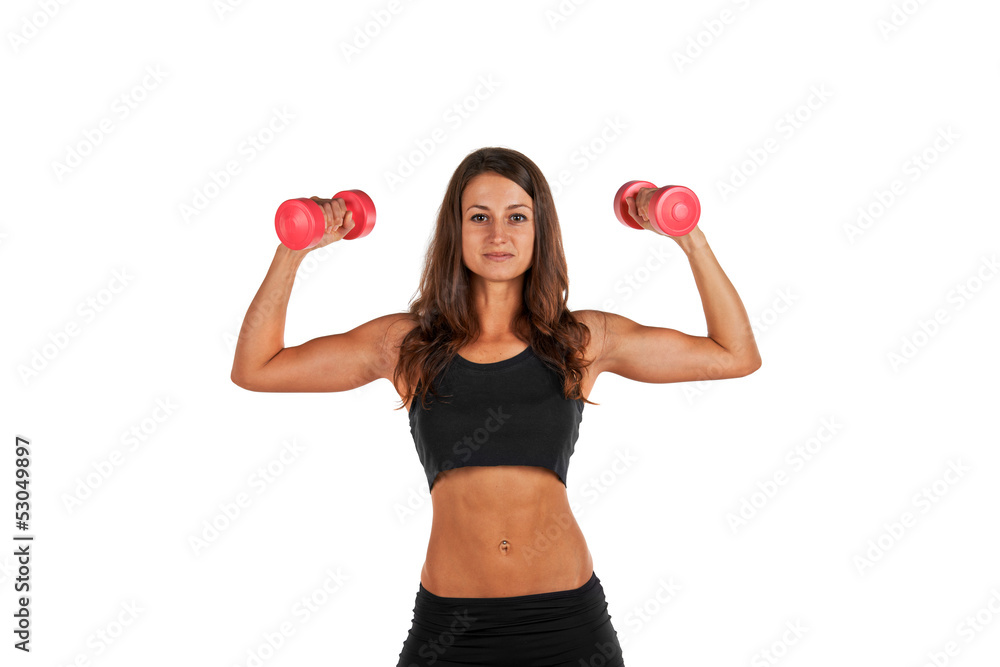 Young woman in the studio with weights