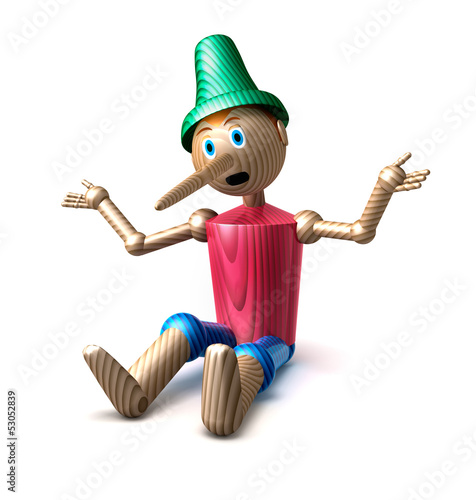 Pinocchio sitzend vor weiss
