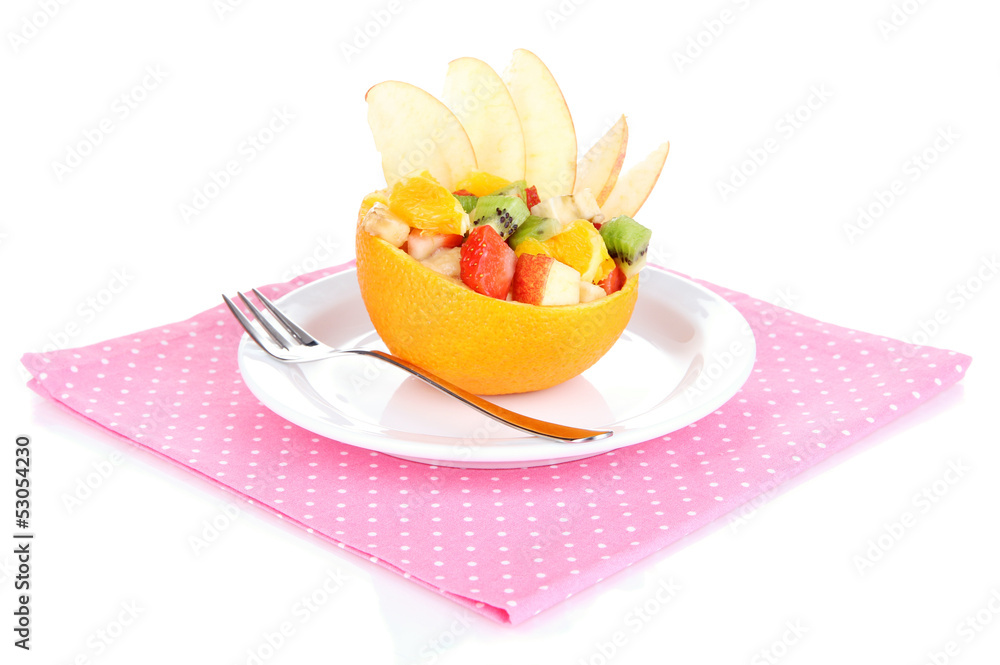 Fruit salad in hollowed-out orange isolated on white Fruit salad in hollowed-out orange isolated on white