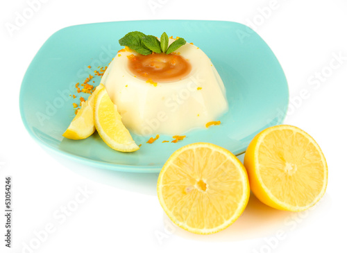 Lemon Panna Cotta with orange zest and caramel sauce, isolated