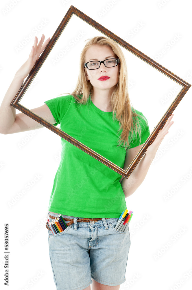 Girl holds empty frame from picture. Girl holds empty frame from picture.