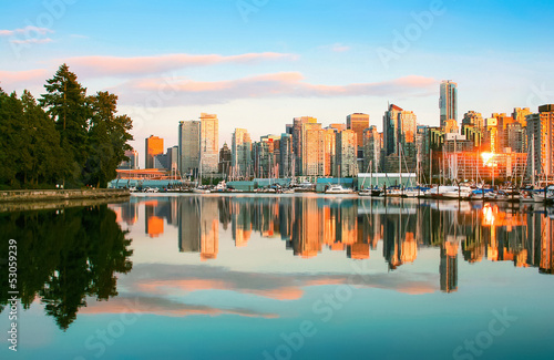 Vancouver skyline with Stanley Park at sunset, BC, Canada photo