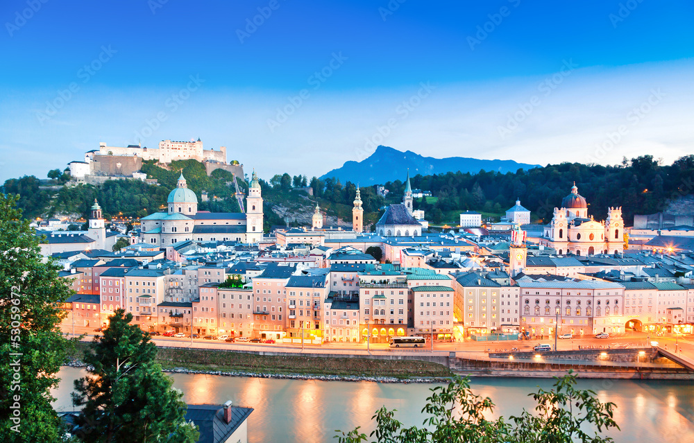 Salzburg panorama with river Salzach at dusk, Austria