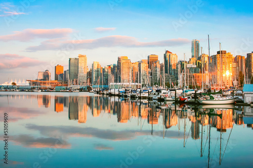 Vancouver skyline with harbor at sunset  BC  Canada