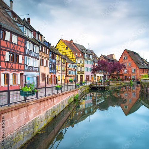 Colmar, Petit Venice, water canal and houses. Alsace, France.