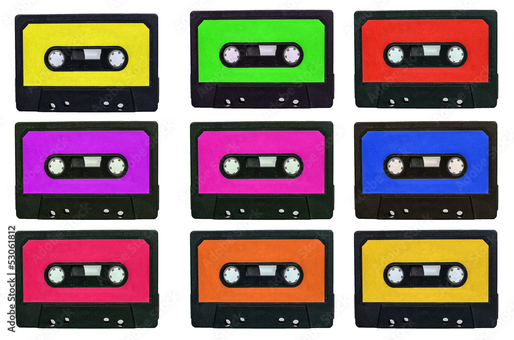 Collection of retro cassete tapes with multicolored stickers iso Collection of retro cassete tapes with multicolored stickers iso