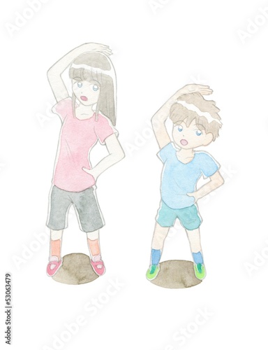 ラジオ体操をする２人の子供