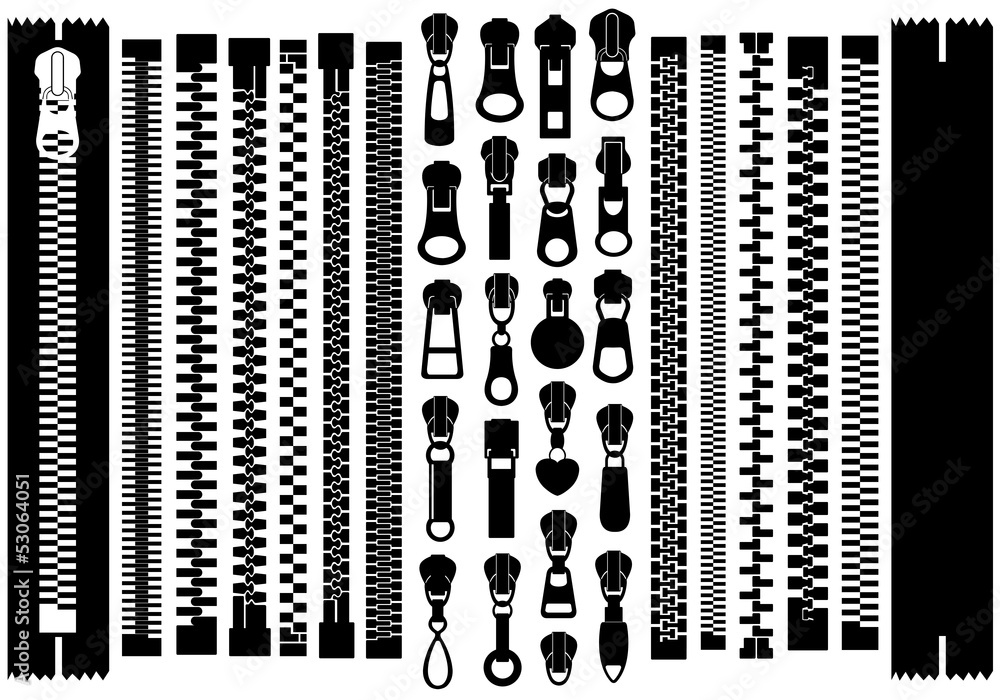 Set of different zippers - obrazy, fototapety, plakaty 