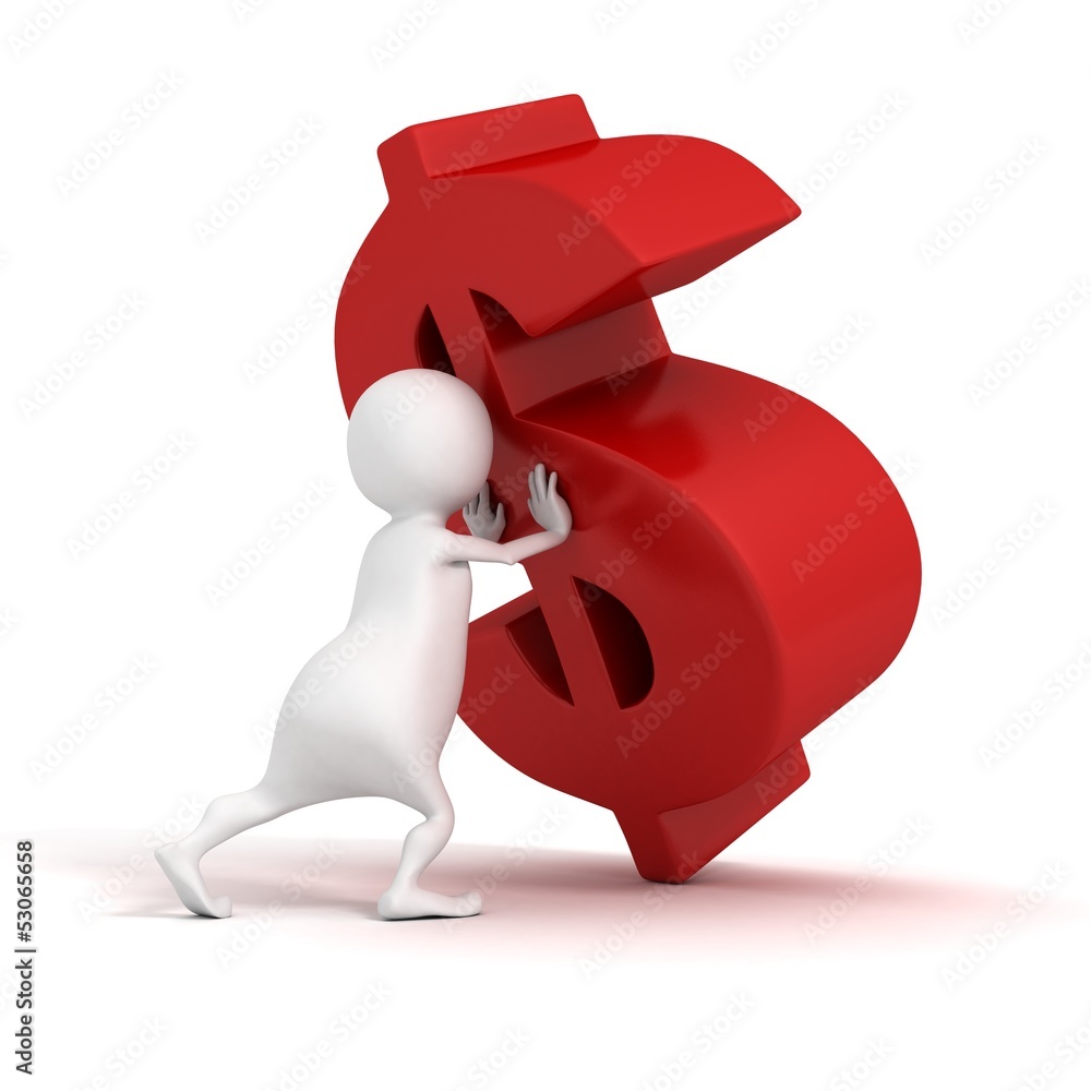 3d man pushes to rise up red dollar symbol 3d man pushes to rise up red dollar symbol