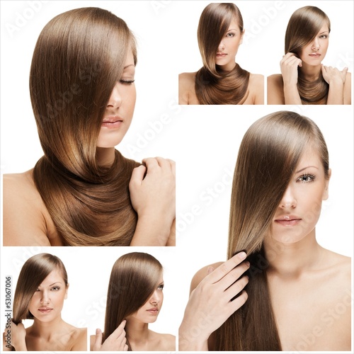 fashion hairstyle collage , natural long shiny healthy hair