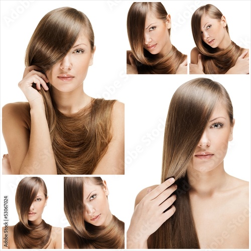 fashion hairstyle collage , natural long shiny healthy hair