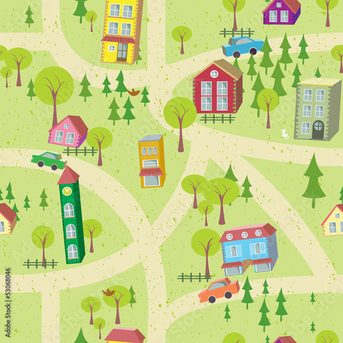 Cartoon map seamless pattern with houses and roads