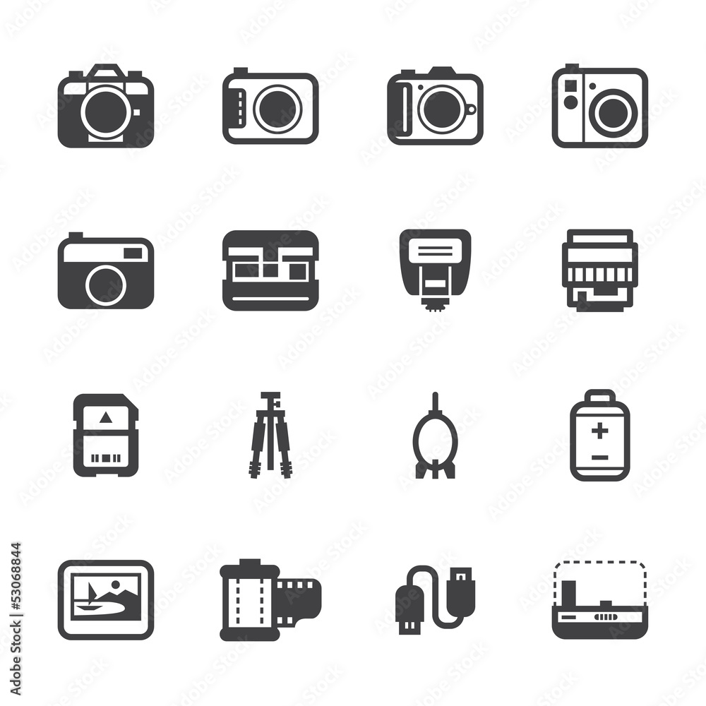 Camera Icons and Camera Accessories Icons with White Background Camera Icons and Camera Accessories Icons with White Background
