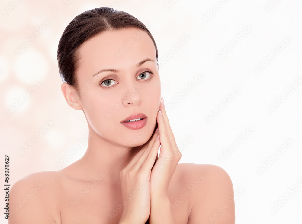 Pretty woman against abstract background with circles and copysp