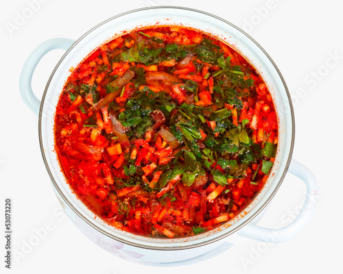 casserole with fresh hot borsch photo